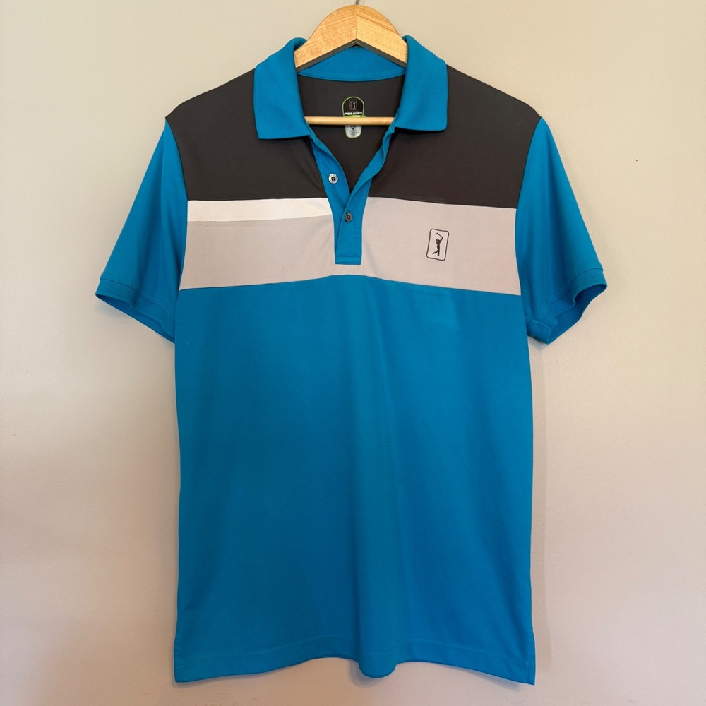 PGA Tour Pro Series Mens Medium Blue‎ Grey Classic Athletic Fit Golf Polo Shirt